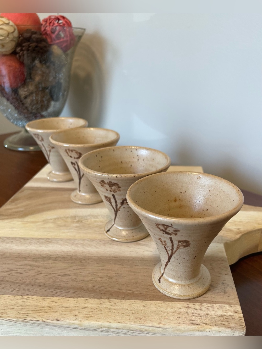 Studio Pottery Sake Cups with Floral Motif - Set of 4 - Picture 8 of 12